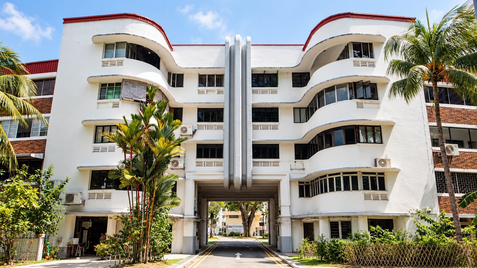 Pre-war Streamline Moderne block and archway, Tiong Bahru Estate